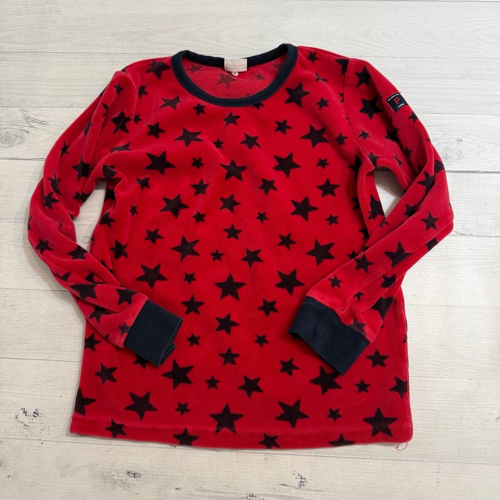 Polarn O. Pyret‎ kids red with navy blue stars long sleeve velour shirt size 6-8